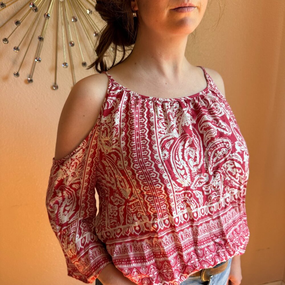 Red Western Flowy Open-Shoulder Blouse